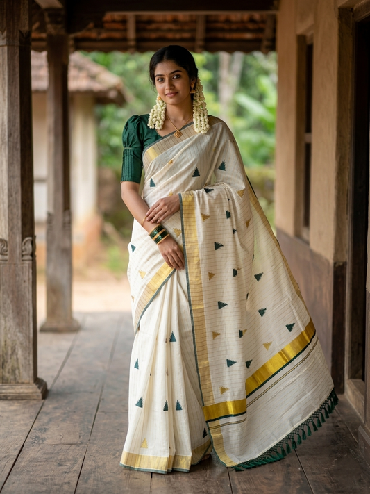 Kerala Cotton Kasavu Stripes Saree with Green and Gold Temple Embroidery Design on Body