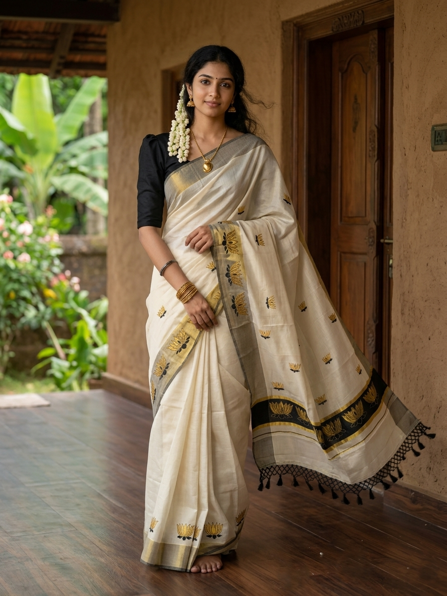 Southloom Kerala Tissue Kasavu Saree with Black And Golden Lotus Embroidary Works on Body SL273