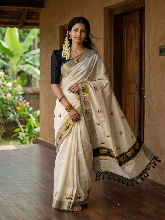 Southloom Kerala Tissue Kasavu Saree with Black And Golden Lotus Embroidary Works on Body SL273
