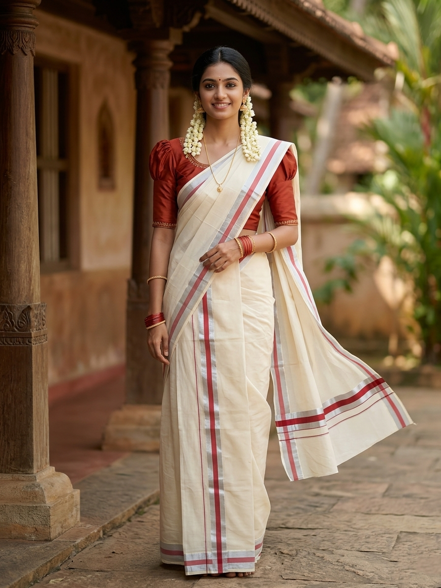 Kerala Cotton Mundum Neriyathum Single (Set Mundu) with Brick Red and Silver Kasavu Border 2.80 Mtrs SLKK SL470