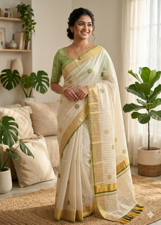 Kerala Tissue Lines Saree With Floral Embroidery Work on The Body SL312