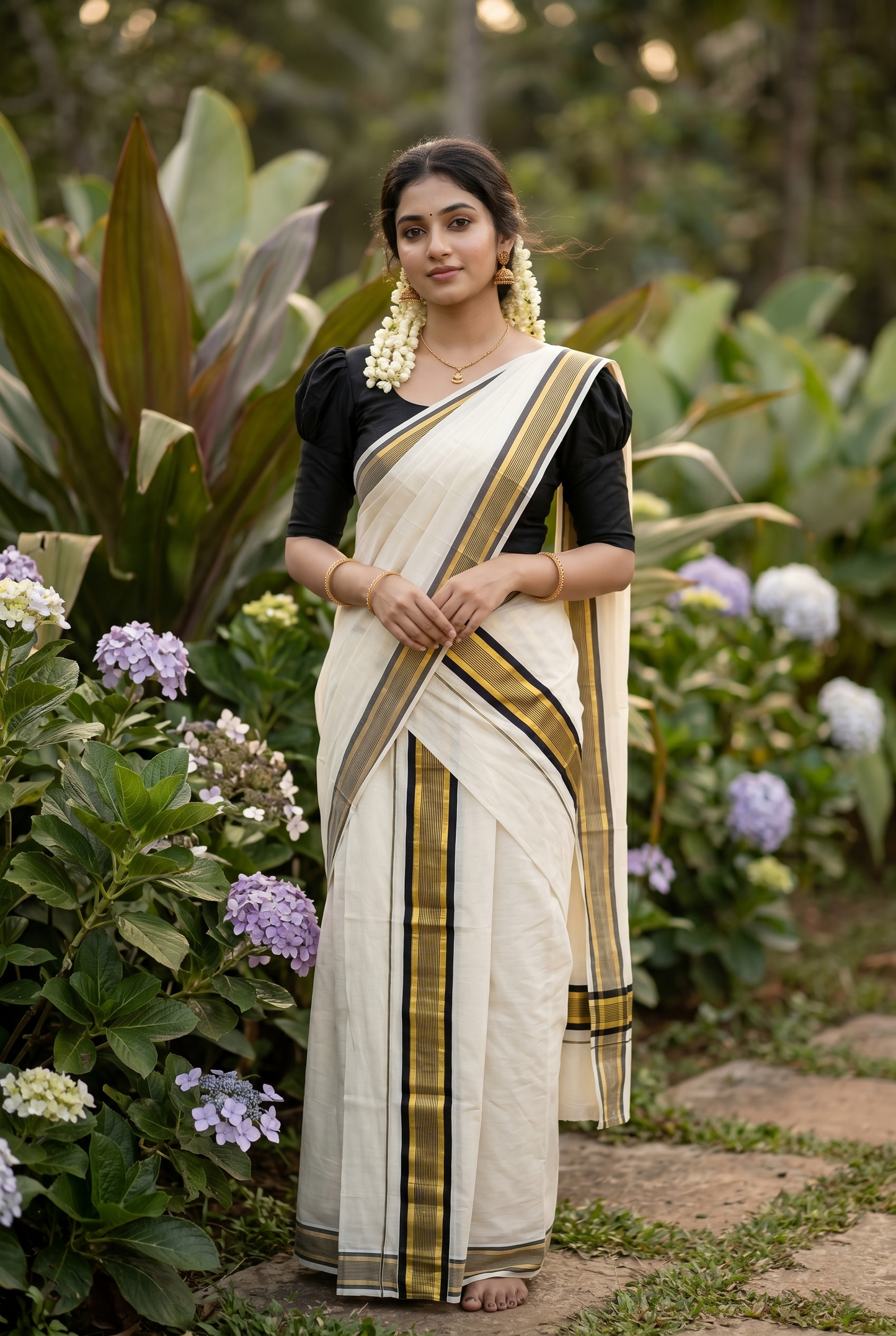 Southloom Kerala Cotton Kasavu Single Set Mundu (Mundum Neriyathum) with Black Kasavu Border SLKK