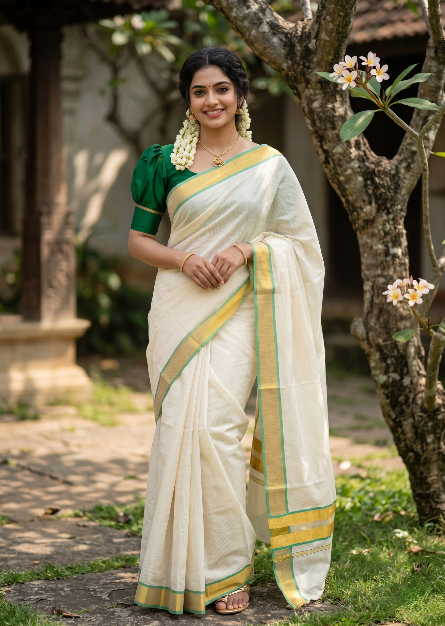 Southloom Kerala Cotton Kasavu Saree with Micro Stripes on Body In Green Border SL361