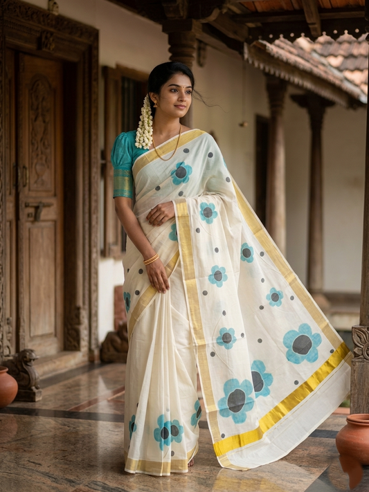 Southloom Exclusive Onam Kasavu Saree with High Quality Digital Turquoise Floral Print Across Body (Matching Printed Blouse Included)