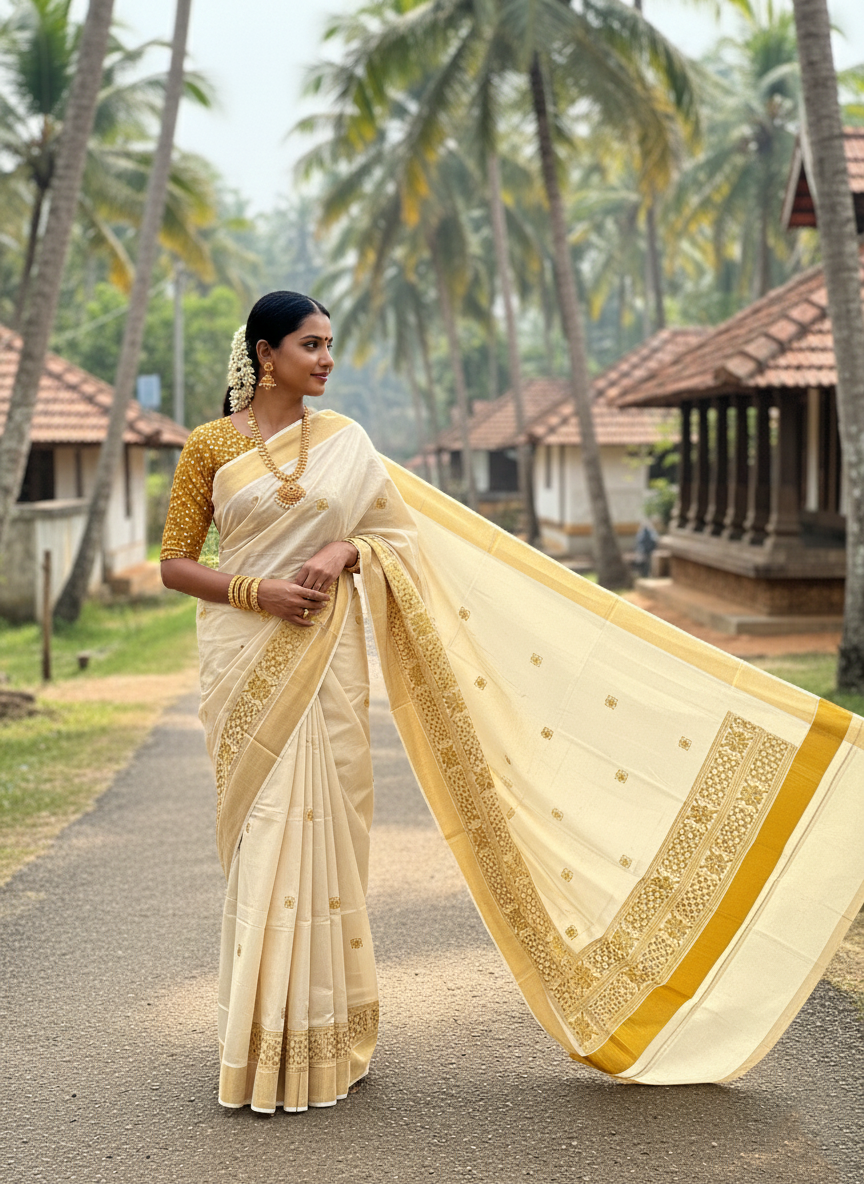 Southloom Tissue Kasavu Saree with Golden Embroidery Work