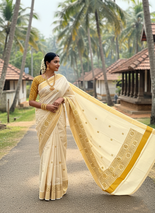 Southloom Tissue Kasavu Saree with Golden Embroidery Work