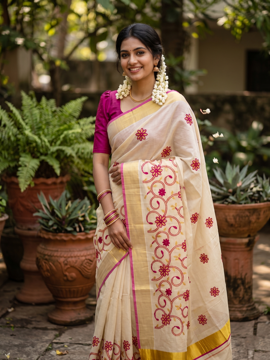 Southloom Kerala Tissue Kasavu Saree With Magenta and Golden Floral Embroidery Works