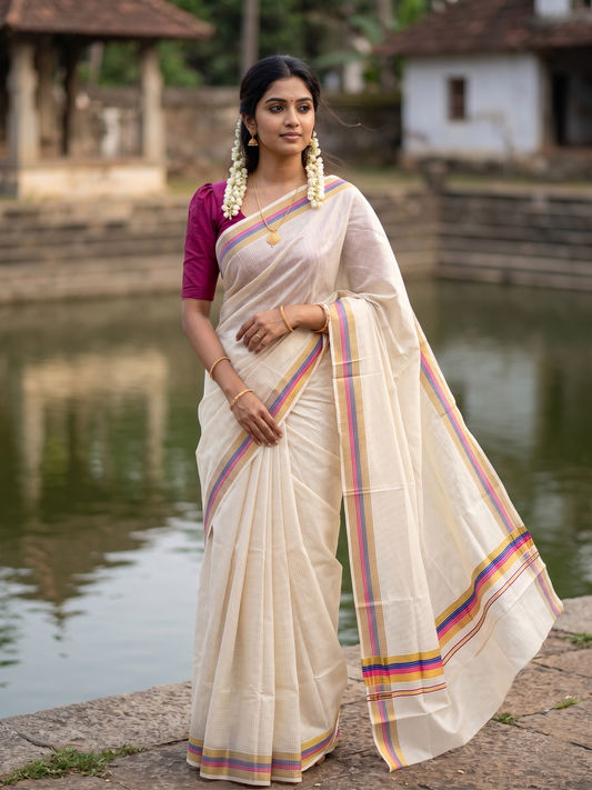 Southloom Kerala Cotton Kasavu Saree with Micro Check Design on Body in Magenta & Blue Border SL481