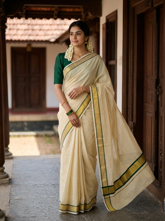 Kerala Tissue Kasavu Saree With Green Temple Woven Works on Border