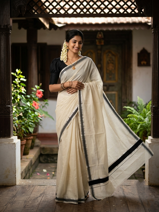 Pure Cotton Kerala Saree with Black and Silver Kasavu Border