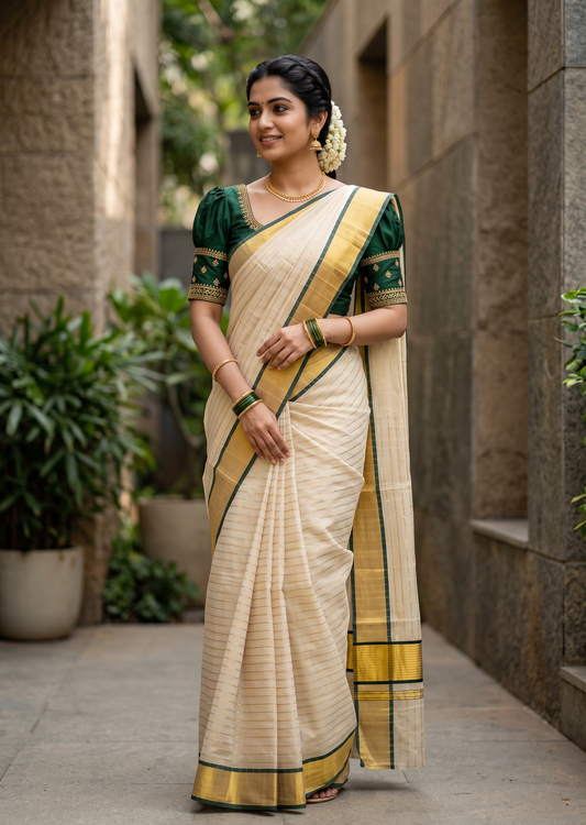 Southloom Super Premium Balaramapuram Handloom Cotton Stripe Saree with Gold And Green Chuttikara Design on Border