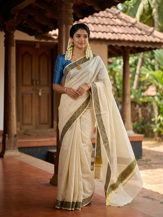 Southloom Kerala Tissue Kasavu Plain Saree Blue Hand Printed SL350