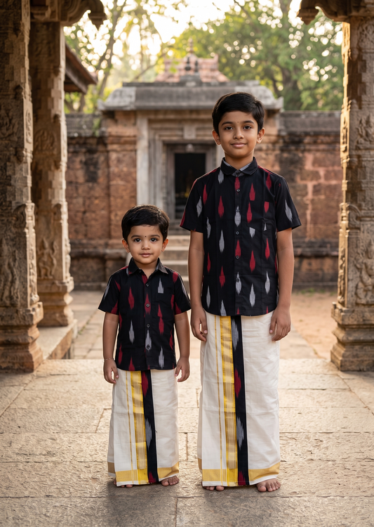 Southloom Tissue Ikat Printed Kids's Combo (Shirt + Velcro Mundu) SLKCOMBO SL602