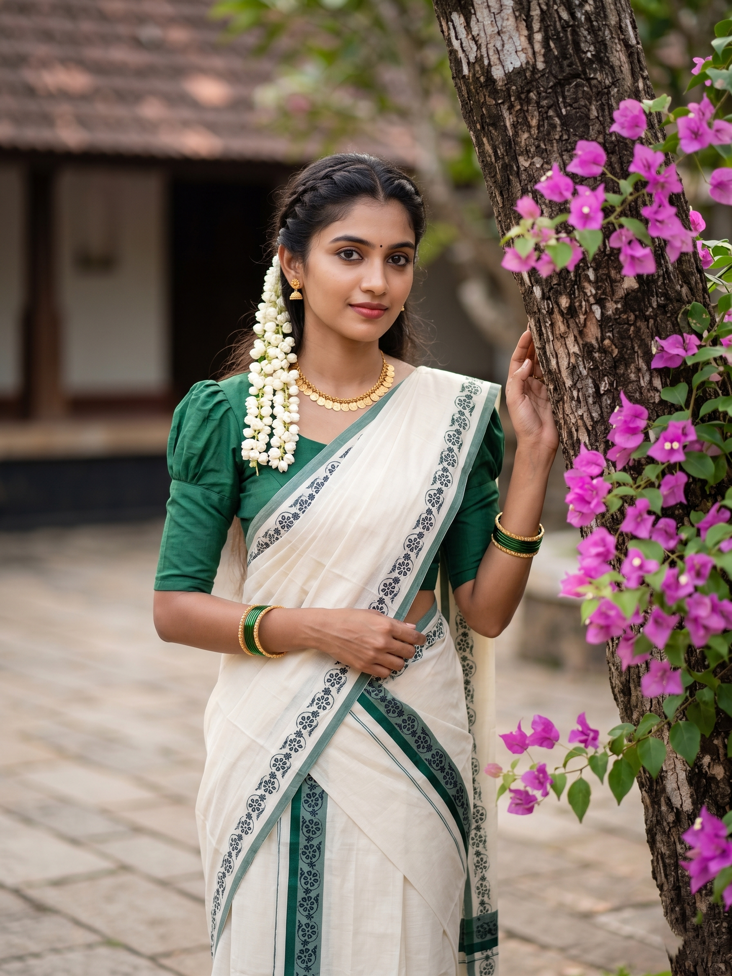 Southloom Kerala Mulloth Cotton Single Mundum Neriyathum with Digital Prints in Green 2.80 Mtrs SL378