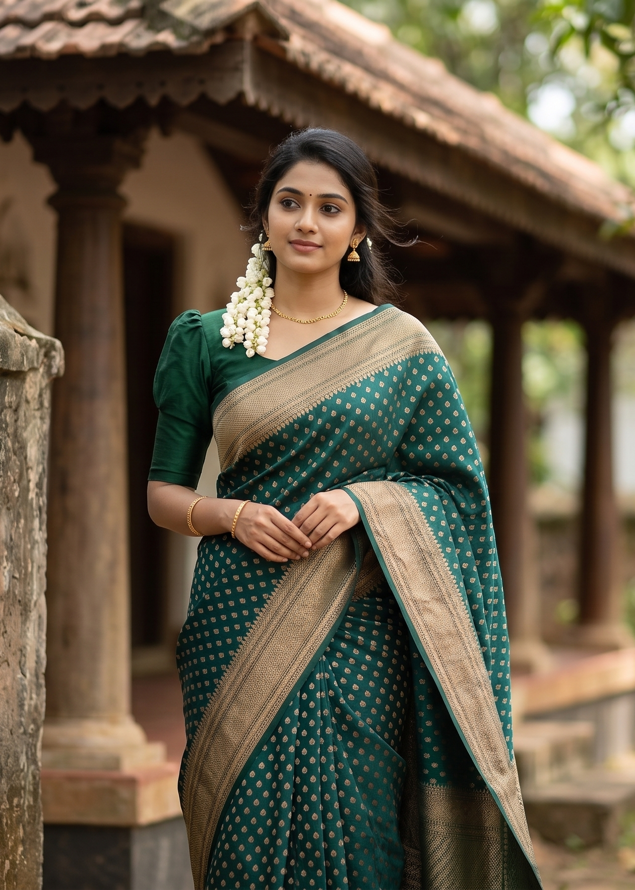 Southloom Munga Silk Saree with Woven Work on Body and Borders (Green)