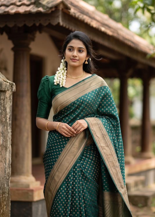 Southloom Munga Silk Saree with Woven Work on Body and Borders (Green)