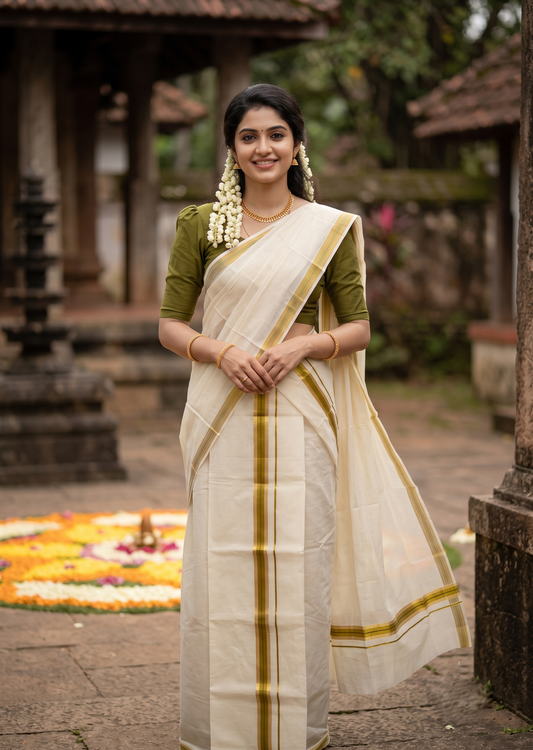 Southloom Pure Cotton Kerala Single Set Mundu (Mundum Neriyathum) with Olive green and Kasavu Border 2.80 Mtrs SLKK