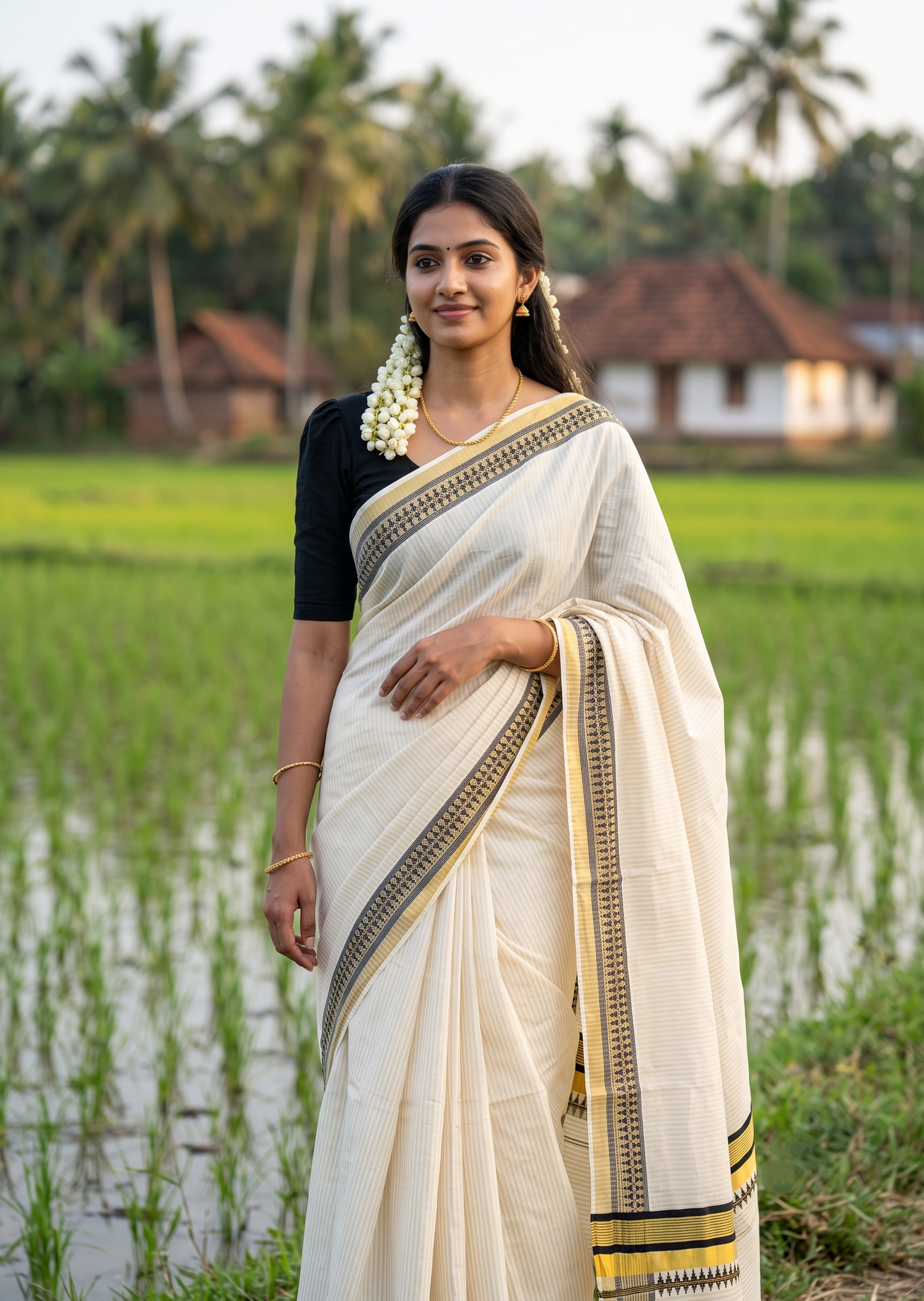 Southloom Kerala Cotton Kasavu Saree with Stripes on Body and Temple Print on Border in Black SL512