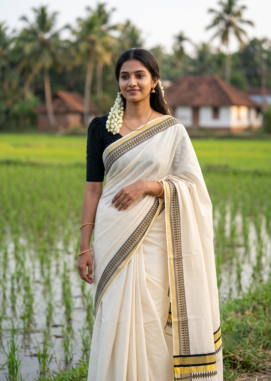 Southloom Kerala Cotton Kasavu Saree with Stripes on Body and Temple Print on Border in Black SL512