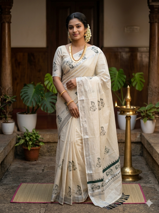 Kerala Cotton Green Colour Printed  Saree SL178