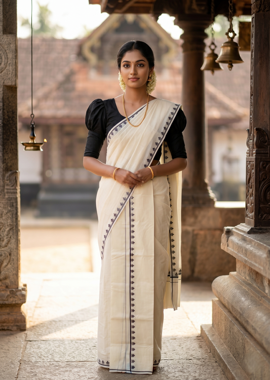 Southloom Pure Cotton Kerala Single Set Mundu (Mundum Neriyathum) with Digital Prints in Black 2.80 Mtrs SL359