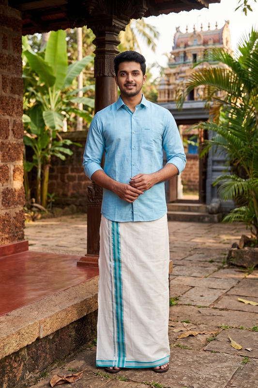 Premium Balaramapuram Handloom Unakkupaavu 1 inch Double Mundu with Kasavu and Green Kara