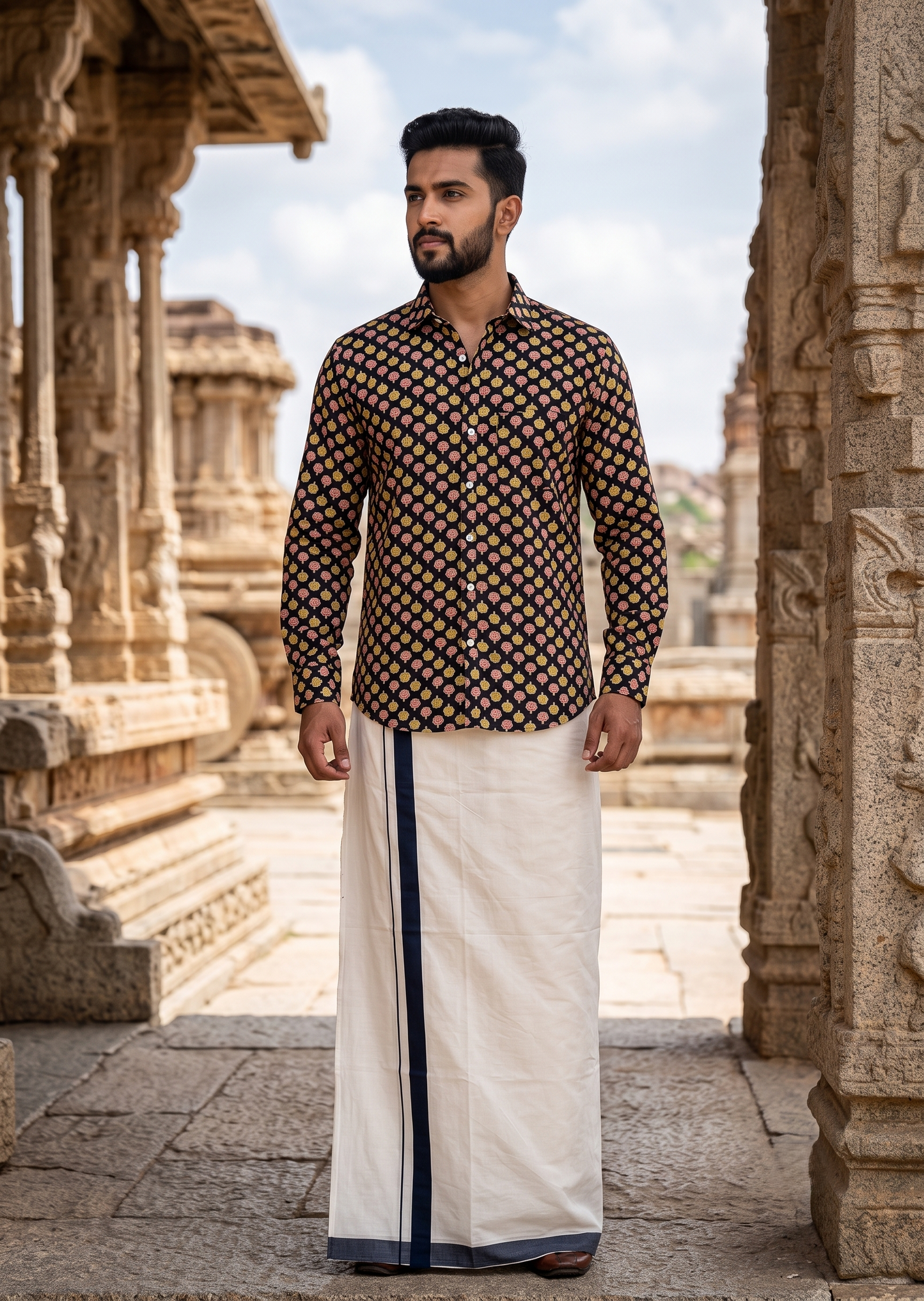 Southloom Cotton Jaipur Printed Men's Combo Full Sleeve (Shirt + Mundu) SLCOMBO SL564