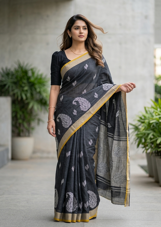 Southloom Kerala Linen Cotton Saree With Embroidery Work On the Body With Grey And Black