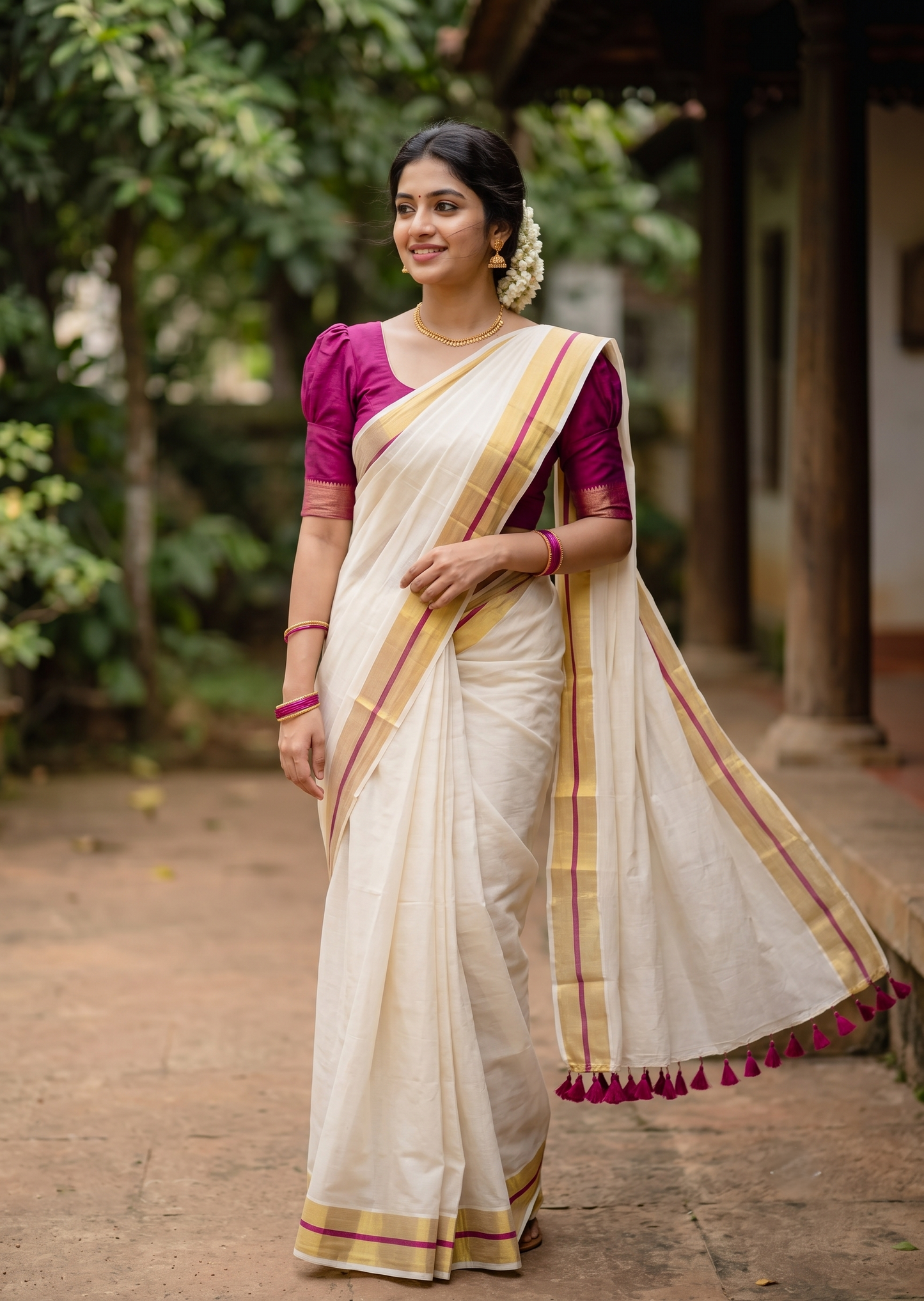 Southloom Mul Cotton 120 x 120 Soft Fabric Saree with Golden&Magenta in Border SL215