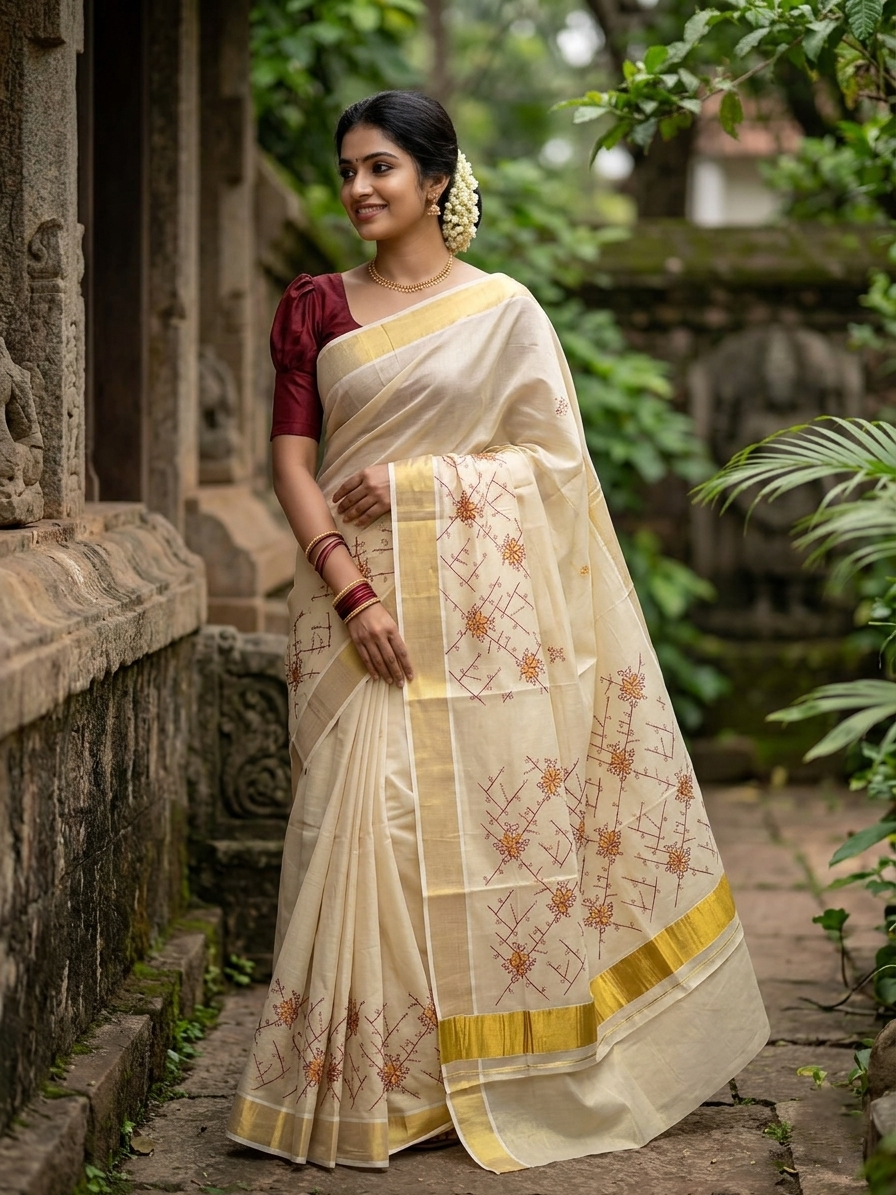 Southloom Tissue Kerala Kasavu Saree with Floral Embroidery Work on Body in Maroon