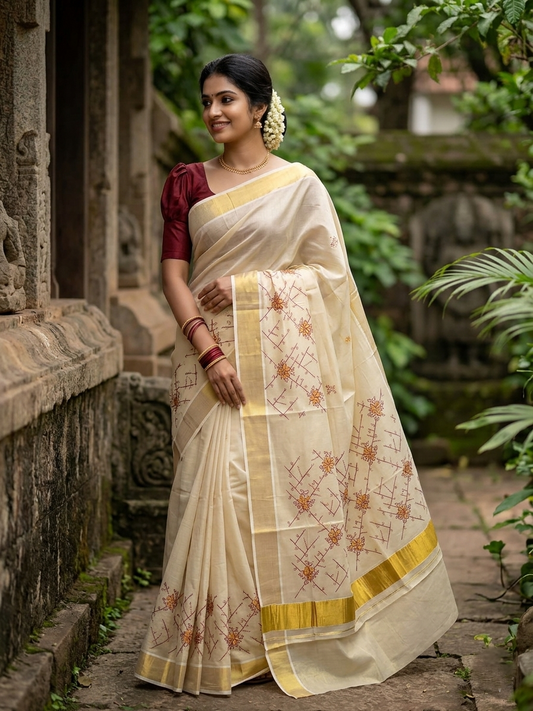Southloom Tissue Kerala Kasavu Saree with Floral Embroidery Work on Body in Maroon