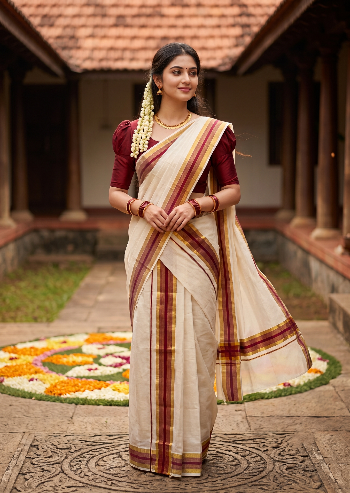 Southloom Kerala Cotton Set Mundu (Mundum Neriyathum) with Maroon and Kasavu Border 2.80 Mtrs SLKK