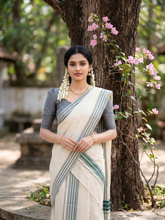 Southloom Kerala Mulloth Cotton Single Mundum Neriyathum with Multicolor Border In 2.80 Mtrs SL243