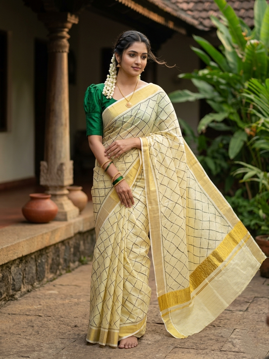 Kerala Tissue Kasavu Stripes Saree with Green and Gold Embroidery Design on Body