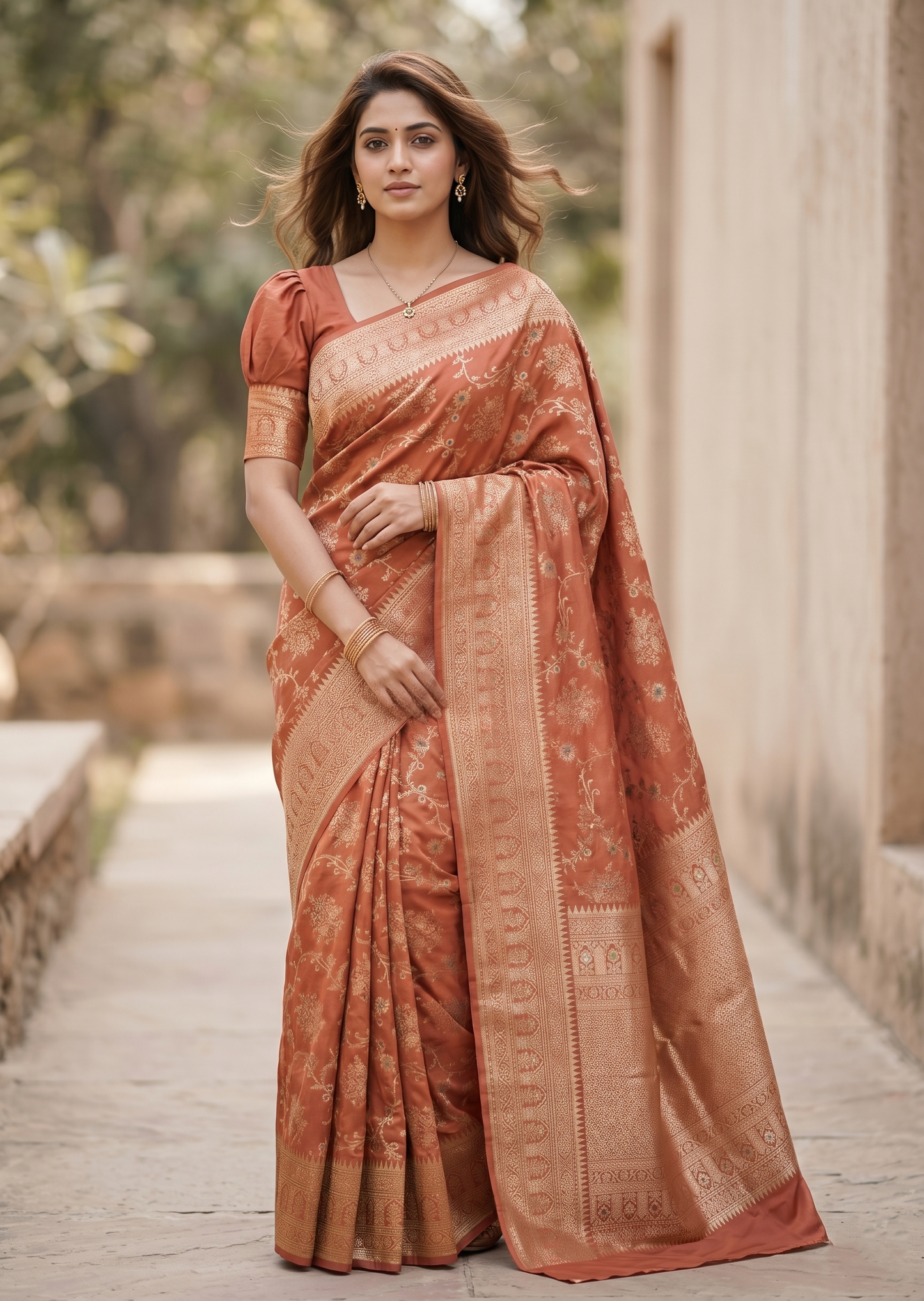 Southloom Pure Banarasi Silk Saree with Woven Work on Body and Borders (Peach)