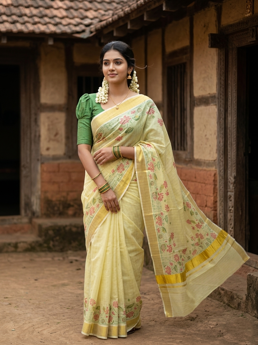 Kerala Tissue Kasavu Lines Saree with Lotus Floral Prints On Border