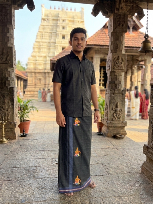 Southloom Black Printed Ayyapan Single Mundu / Otta Mundu  (South Indian Kerala Dhoti)