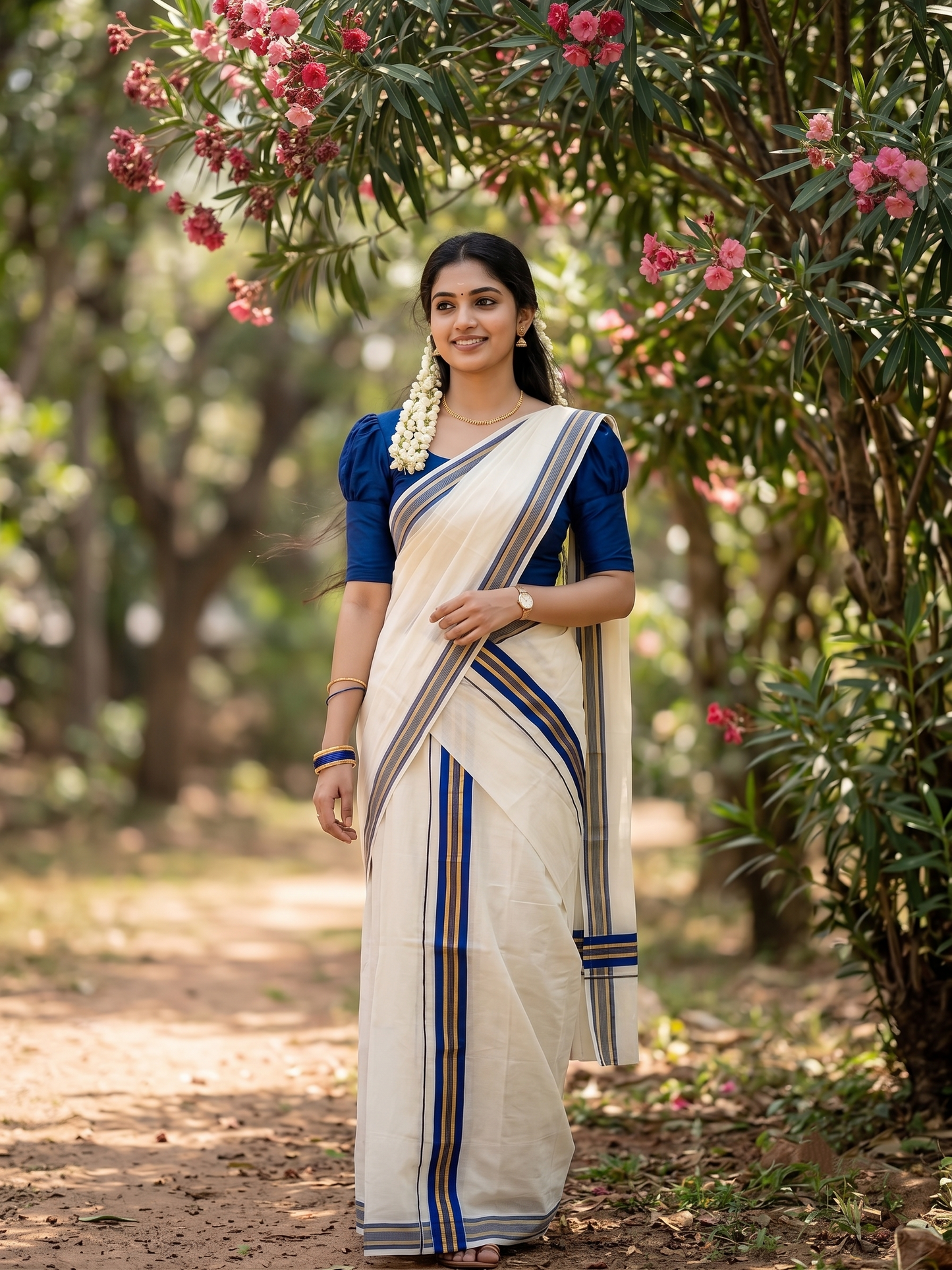 Southloom Kerala Cotton Single Set Mundu (Mundum Neriyathum) with Kasavu and Blue Border  SLKK SL470