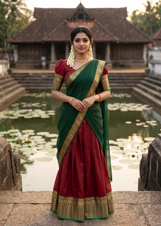 Southloom Semi Stitched Narayanpet Dhavani Set with Pavada and Maroon Blouse Piece SLDHAVANI SL541