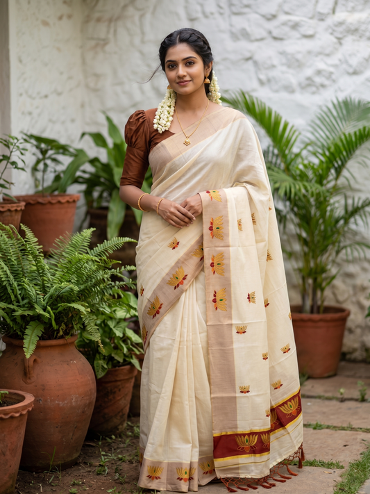 Southloom Kerala Tissue Kasavu Saree with Brown And Golden Lotus Embroidary Works on Body SL273
