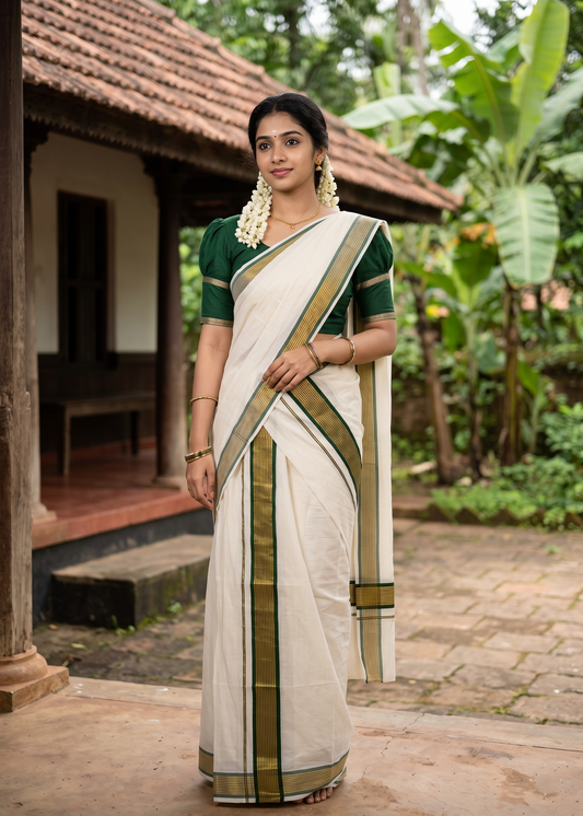 Kerala Cotton Single Set Mundu With Green And Golden Kasavu Border (2.80 mtrs) SLKK SL413