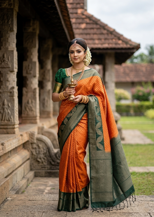 Southloom Pure Handloom Bridal Kanchipuram Silk Saree with Korvai Work (Orange & Green)