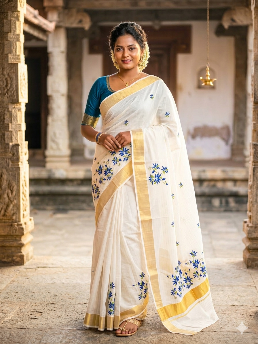Blue Floral Cotton Lines Kerala Saree SL127
