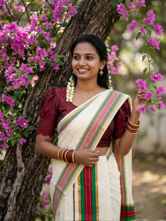 Kerala Cotton Kasavu Set Mundu (Mundum Neriyathum) with Green and Maroon Border 2.80 Mtrs