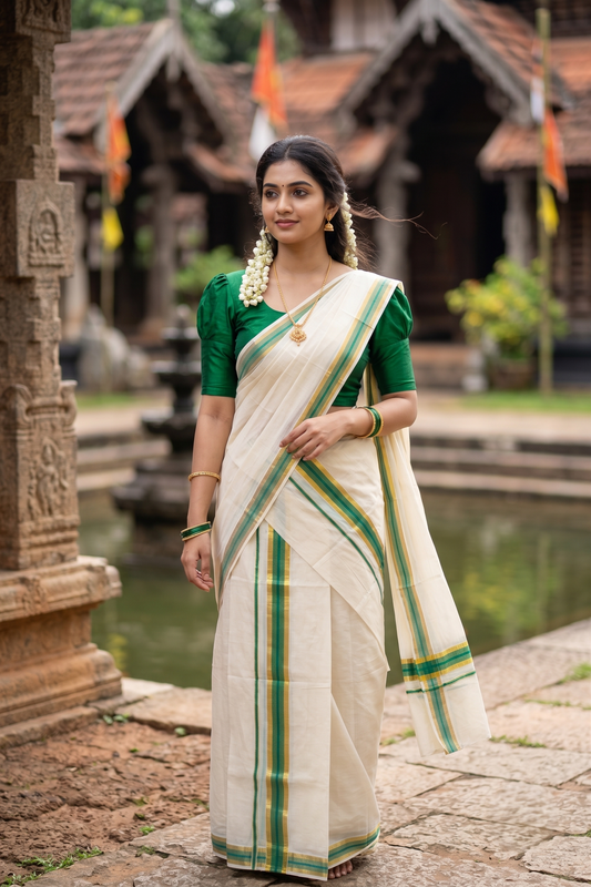 Southloom Kerala Cotton Mundum Neriyathum Single (Set Mundu) with Kasavu and Green Border 2.80 Mtrs SLKK