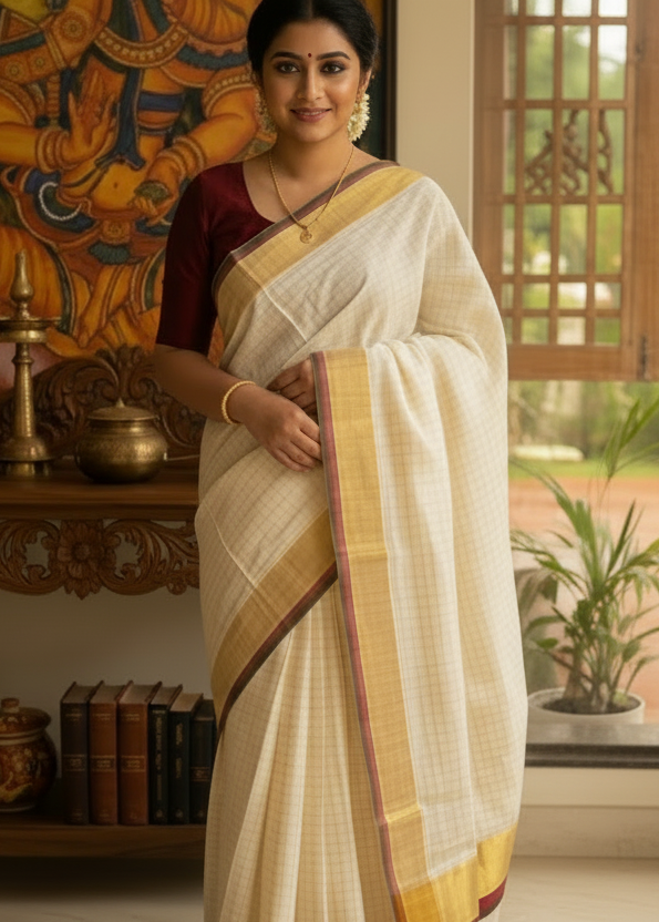 Kerala Cotton Check Saree With Maroon & Black Border SL235