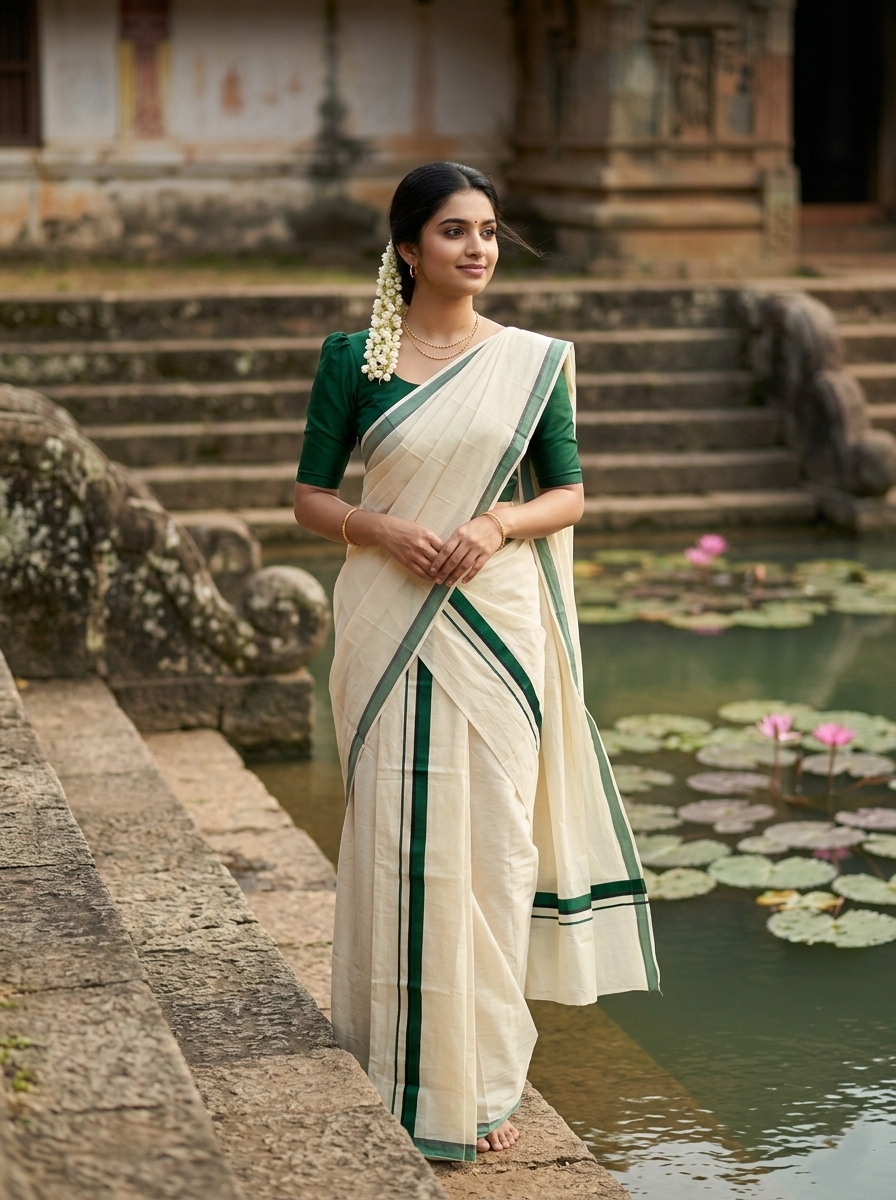 Southloom Pure Cotton Kerala Single Set Mundu (Mundum Neriyathum) Dark Green & Black Border in 2.80 Mtrs SL345