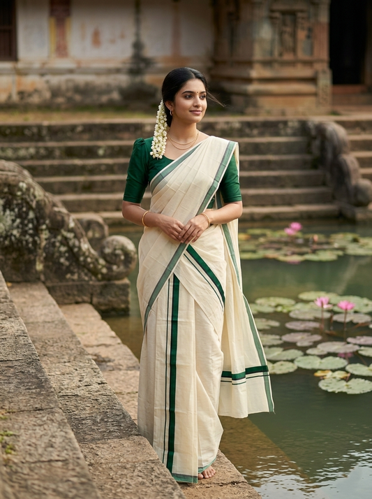 Southloom Pure Cotton Kerala Single Set Mundu (Mundum Neriyathum) Dark Green & Black Border