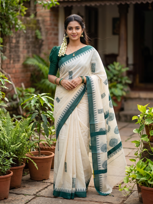 Southloom Pure Cotton Kerala Saree with Green Heavy Woven Designs and Temple Border SL454