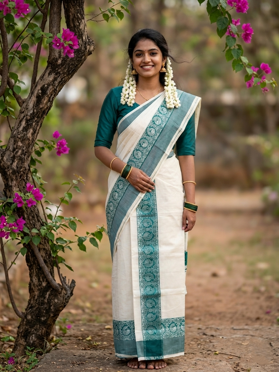 Kerala Cotton Single Set Mundu (Mundum Neriyathum) with Green Block print Border 2.80Mtrs SL329
